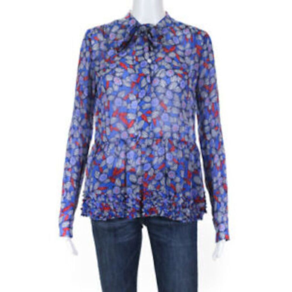 DEREK LAM 10 CROSBY Womens Blue Button Unlined Long Sleeve Peplum Top 2